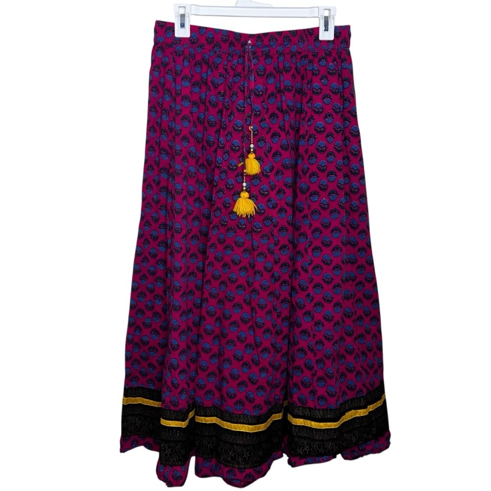 Vintage Boho Midi Floral Festival Skirt Colorful with Lacey Black Hem Size XL